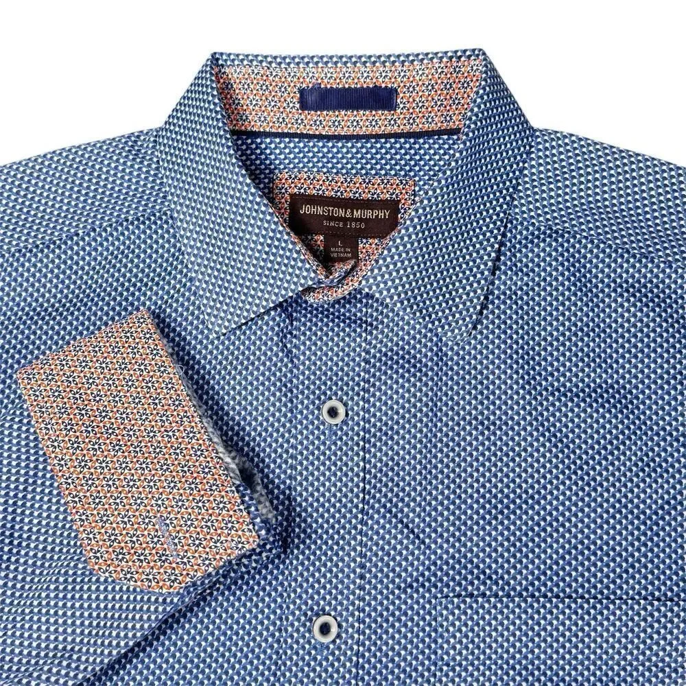 Johnston & Murphy Sz L Printed Long Sleeve Shirt Contrast Pink Blue Shadow Dot